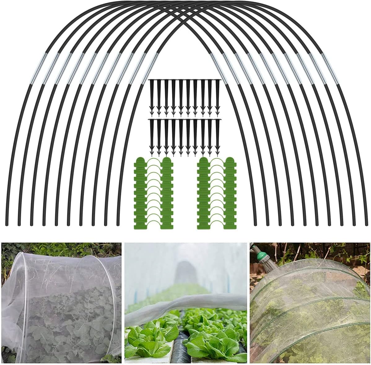 Janoiuc 30 PCS Greenhouse Hoops for Raised Beds, Grow Garden Tunnel Kit with Spikes and Clips