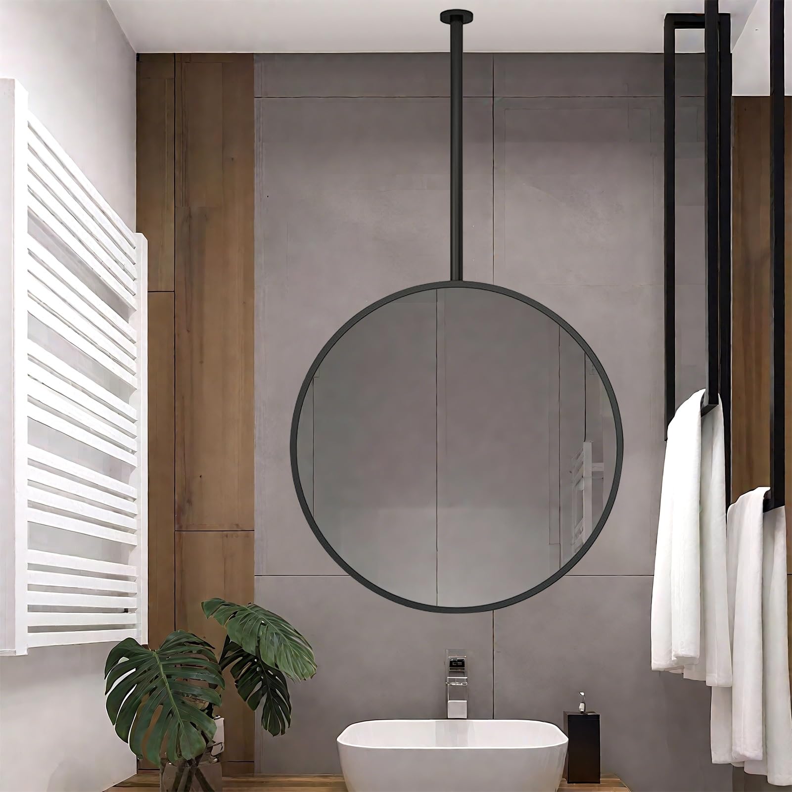 FGXHHS Round Wall Mirror Ceiling Hanging Mirror, Floating Decorative for Bathroom Washroom, Black Metal Frame Shaving Makeup Vertical Mounted(Diameter-70CM/27.6INCH)