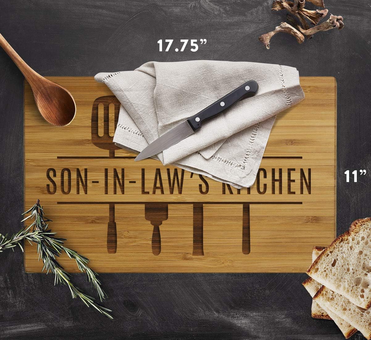 Andaz Press Large Bamboo Wood Cutting Board Gift, 17.75 x 11-inch, Son-In-Law's Kitchen, Utensils Graphic, 1-Pack, Laser Engraved Serving Chopping Board Christmas Birthday Chef Kitchen Ideas