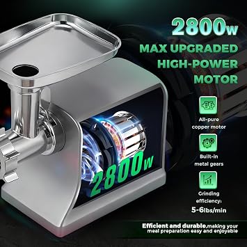 Huanyu Electric Meat Grinder Sausage Maker Machine 2800W Max Heavy Duty with Stainless Steel Blade&3 Grinding Plates, Sausage Stuffer Tubes & Kubbe Kit for Home Kitchen Using