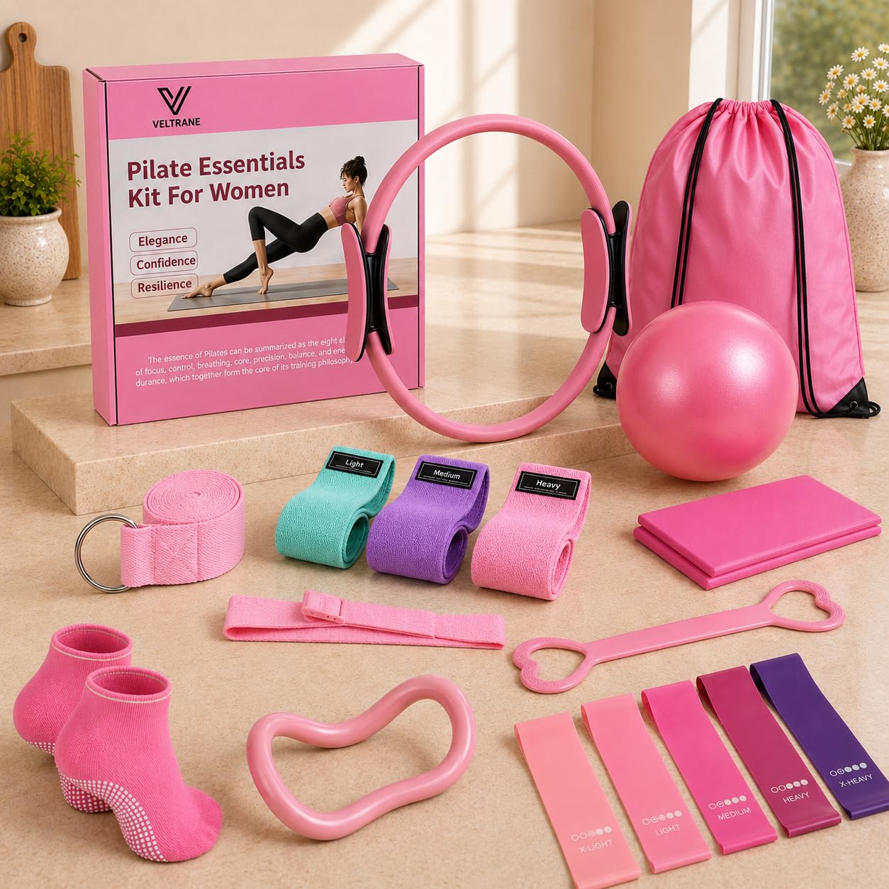 VELTRANE Pilates Ring Set, 18 PCS Pilates Kit for Women with Ball, Resistance Bands, Yoga Blocks, Stretch Strap, Non Slip Socks & Bag, Home Pilates Equipment for Core, Yoga, Barre & Fitness