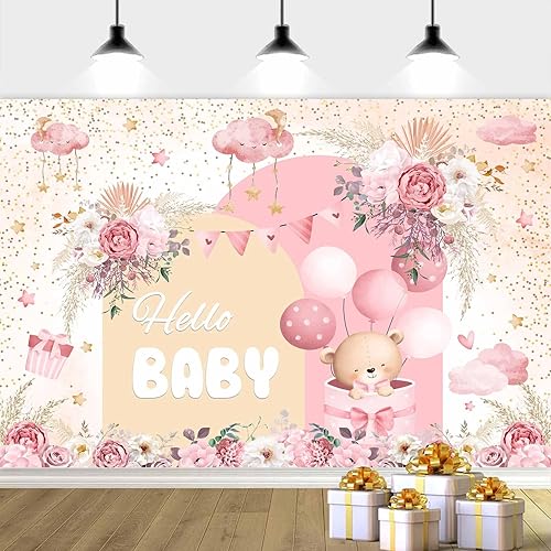 10X8ft Pink Baby Shower Backdrop Cute Pink Boho Floral Baby Shower Backdrop, Gir