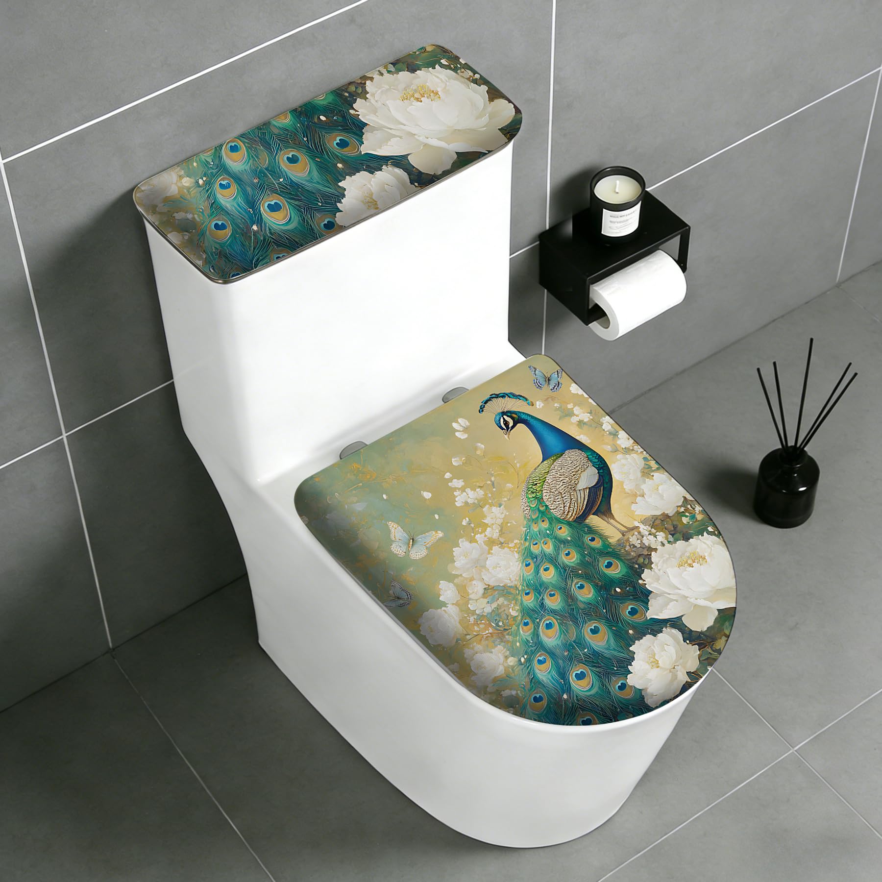 Photo 1 of 2 Pcs Toilet Lid Cover and Toilet Tank Lid Cover Set, Soft Stretchable Bathroom Covers, Fits Round and Elongated Toilet Seats, Washable and Decorative