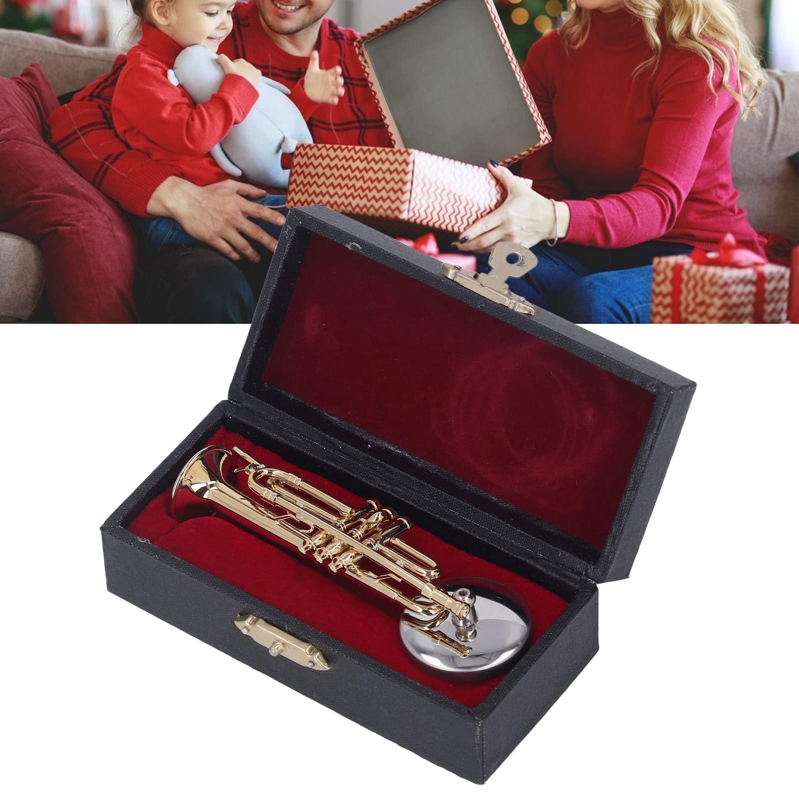 Trompeta en miniatura con soporte y estuche, modelo de trompeta, instrumento musical, réplica en miniatura, colección de instrumentos musicales, decoración del hogar, adorno de (3,54 pulgadas)