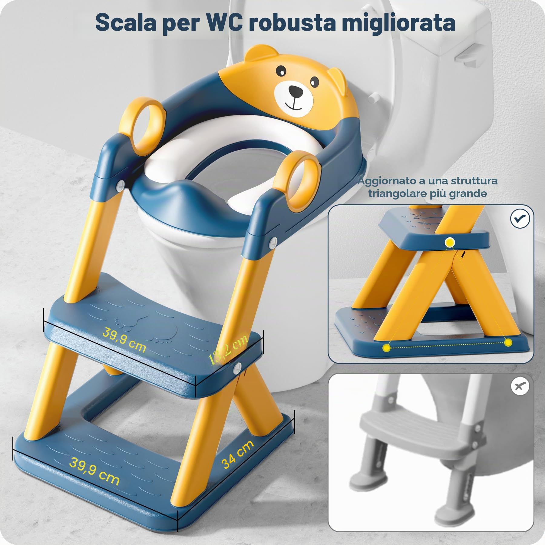 Riduttore wc bambini, sedile rialzato maschi e femmine, pedana antiscivolo anti-spruzzo scala per water,Blu Giallo