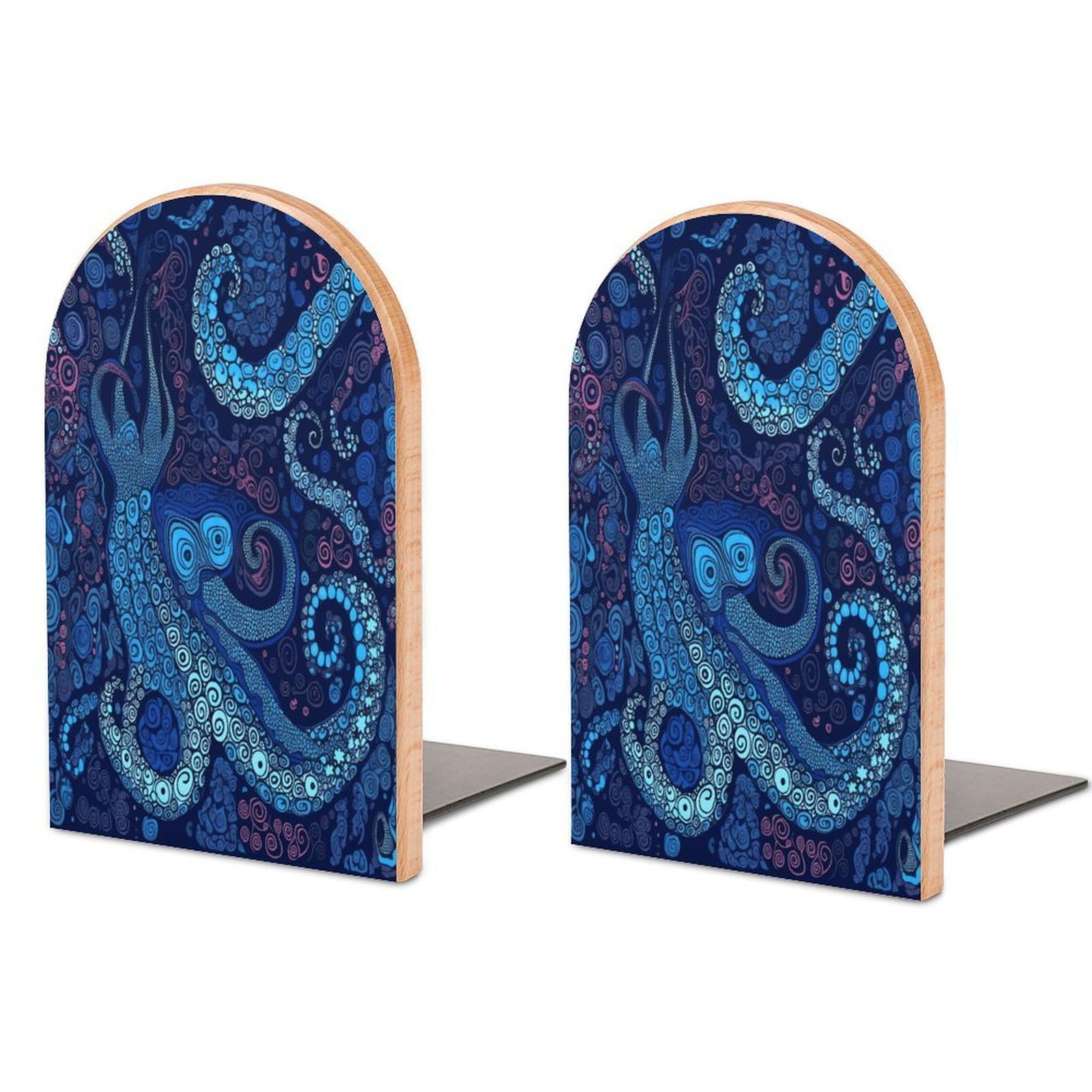 Blue Octopus Bookends for Shelves Non Skid Book Stoppers Universal Economy Bookend Heavy Duty Wood Book End Decorative Book Shelf Holder for Home Office Desk 1 Pair