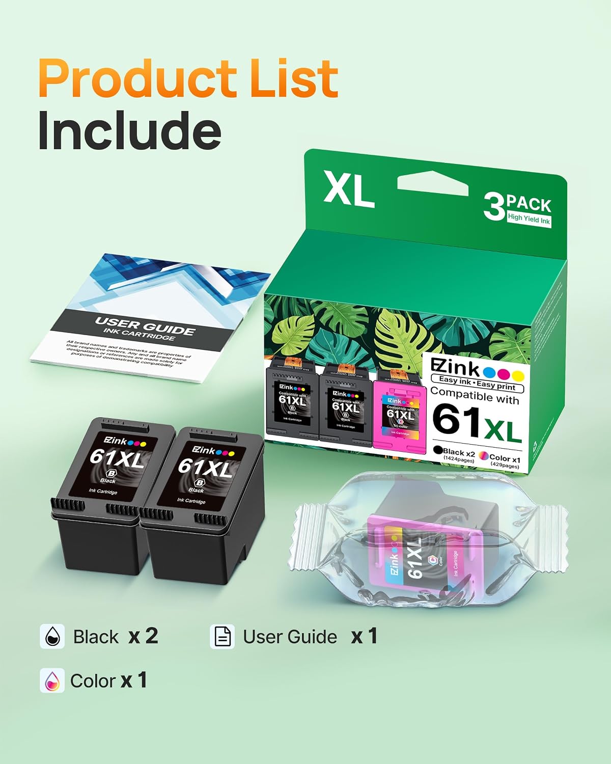 61XL Ink Cartridge Remanufactured for HP Ink 61 for HP 61 Ink Cartridge Combo Pack to Use with Envy 4500 5530 4502 4501 5535 OfficeJet 4630 4635 DeskJet 2540 1000 1010 1510 (1 Tri-Color, 2 Black)