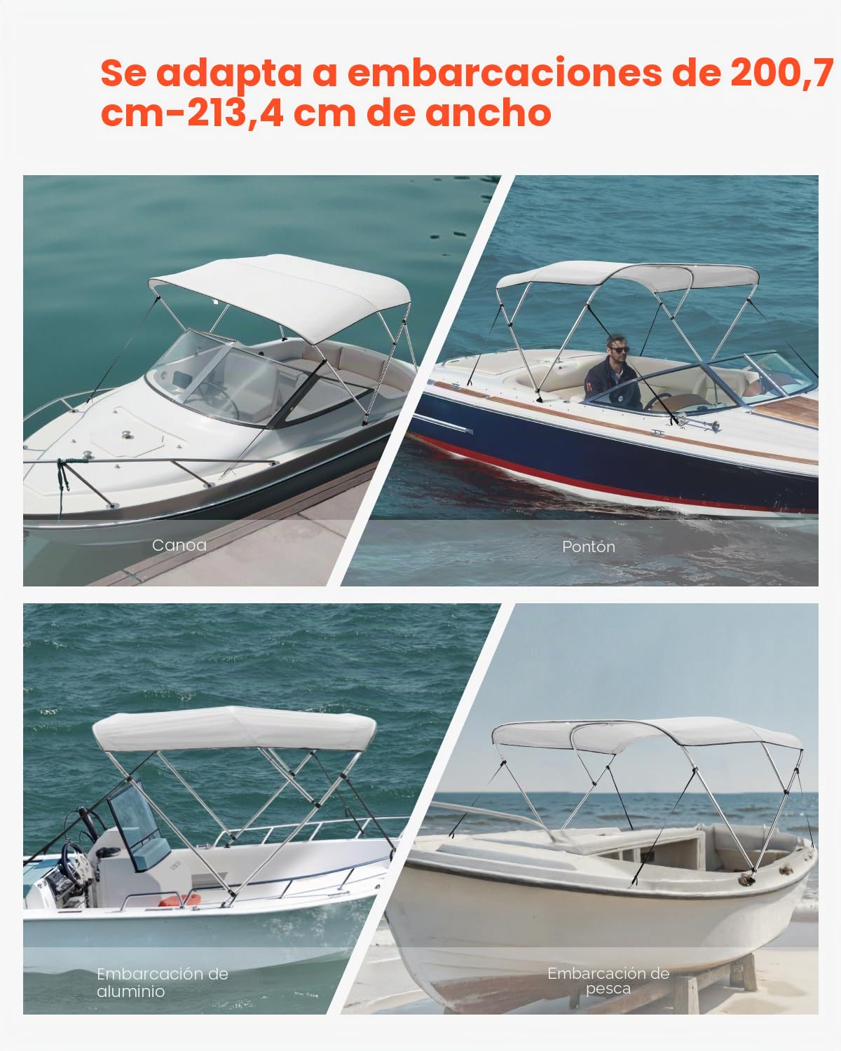 VEVOR Toldo Bimini para Barco de 3 Arcos, Poliéster 600D con Estructura de Aleación de Aluminio, Impermeable, Protección Solar, con Bolsa de Almacenamiento, 182 x 199-213 x 117 cm, Gris Claro