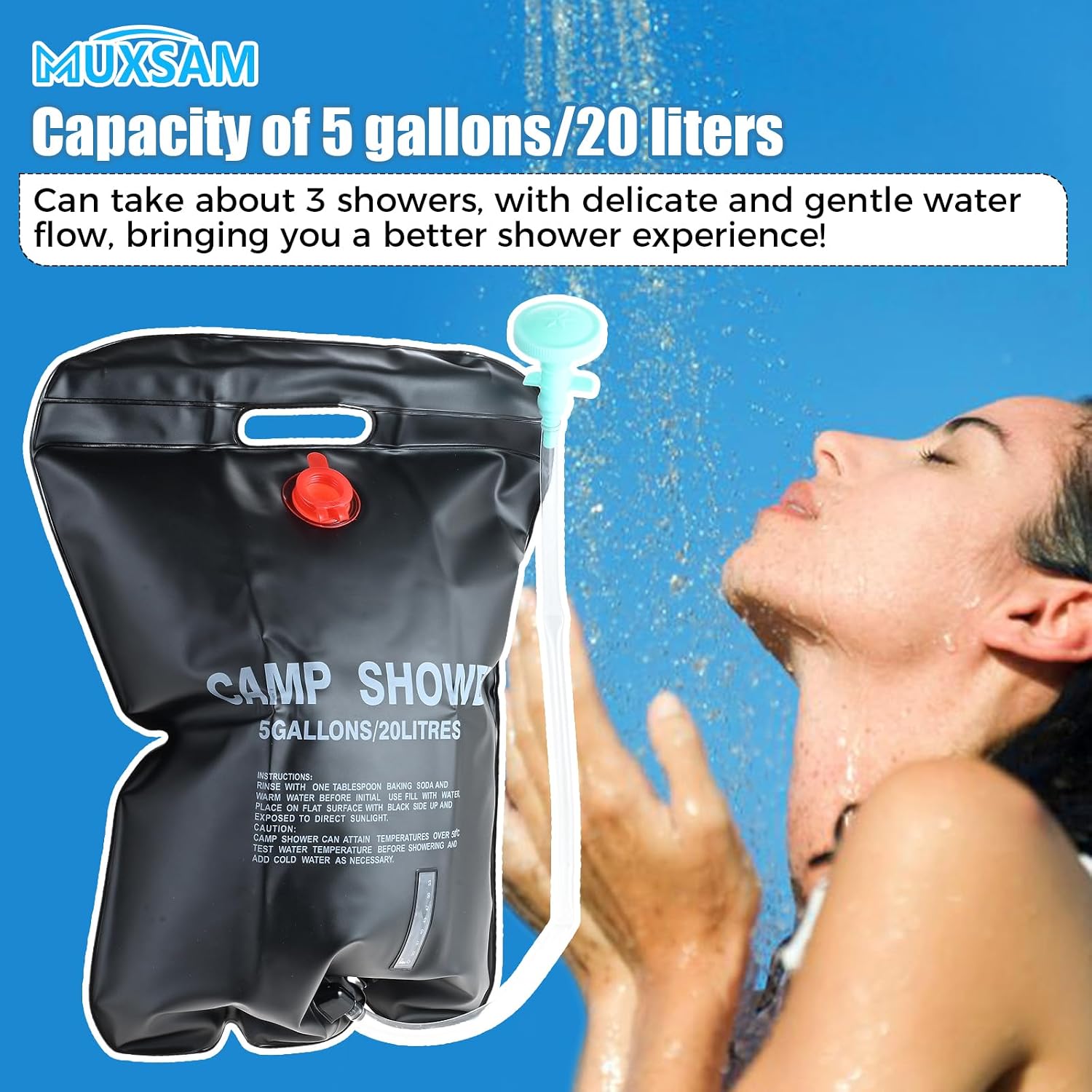MUXSAM Solar Shower Bag for Camp, 5 Gallons/20L Portable Camping Shower Bag with Removable Hose and On-Off Switchable Shower Head for Camping Beach Swimming Outdoor Traveling