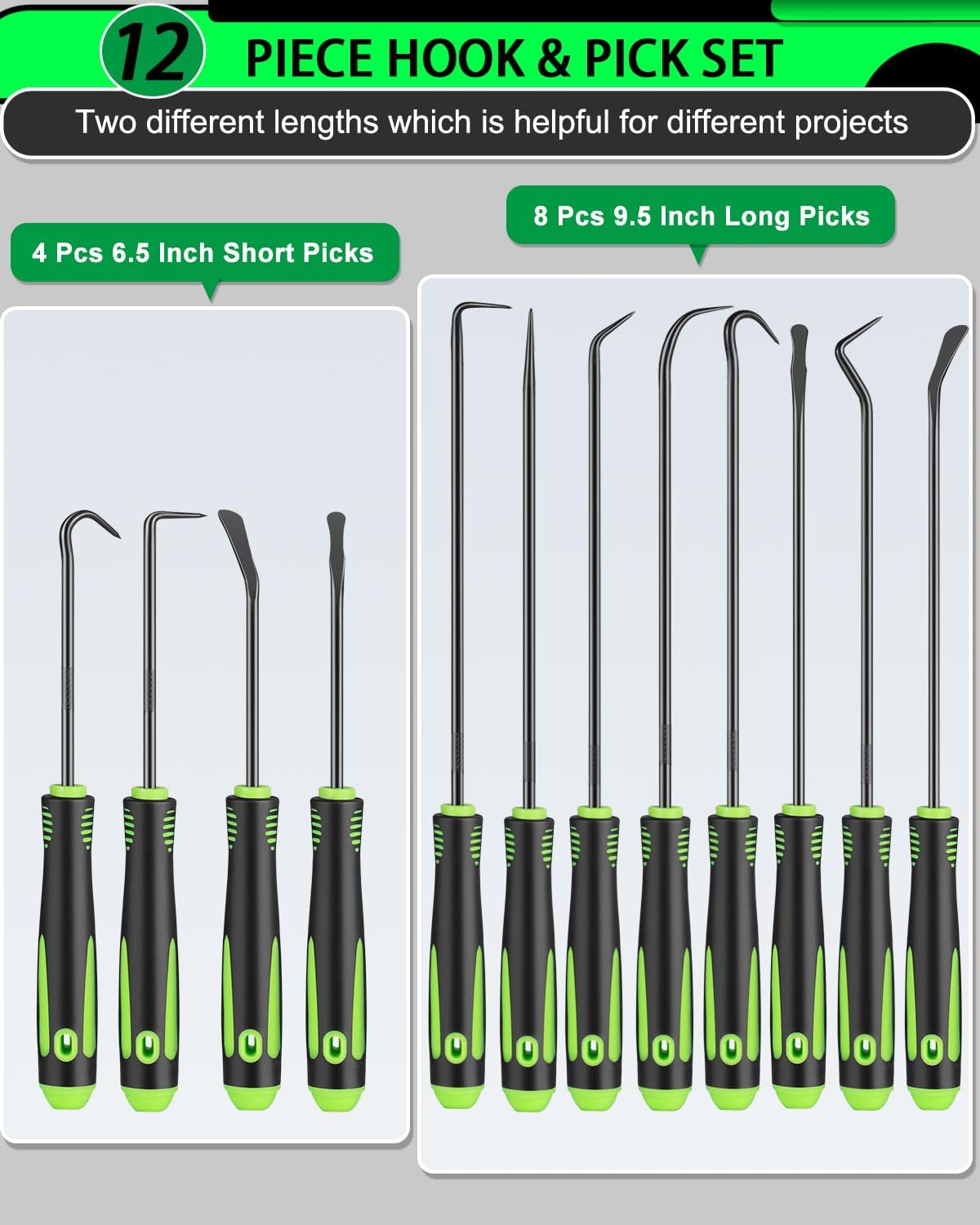 12 Pcs Pick Set Mechanic, Hook and Pick Tool Set with Non-Slip Grip, Long and Short Automotive Pick Set for Auto Oil Seal/O-Ring Gasket Removal Remover, Car Repair, Mechanical and DIY Use