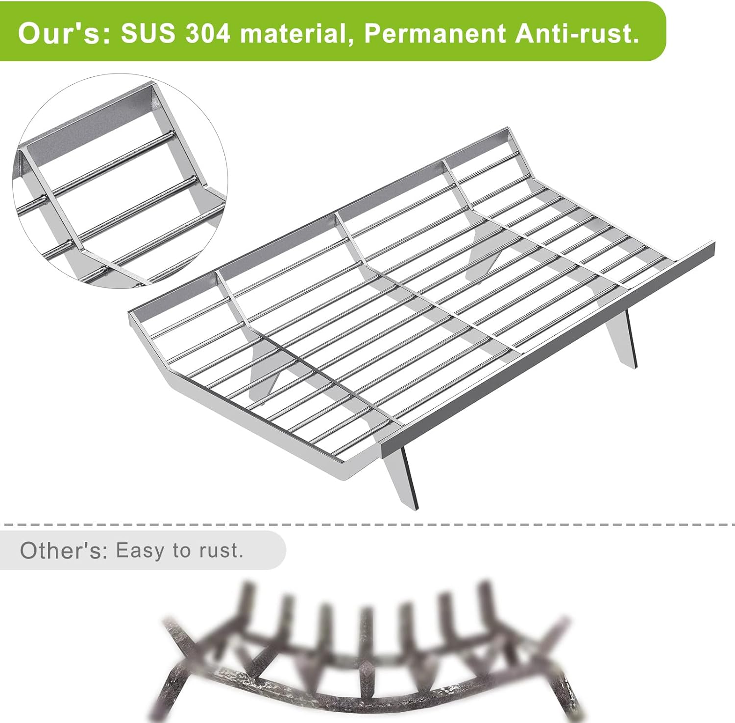 BeneLabel SUS304 Stainless Steel Fireplace Grate 24 inch, Heavy Duty Chimney Hearth Wood Stove Burning Rack Holder, Fire Grate Wood Log Rack Stove for Indoor Outdoor