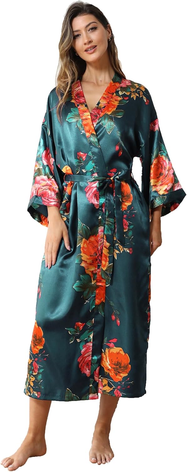 Women's Satin Kimono Robe Floral Long Silky Robes Bridal Kimonos Bridesmaid Party Dressing Gown