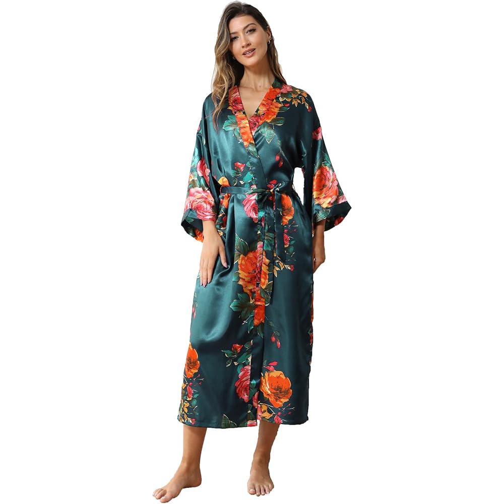 Silky Patterned Robe $3/mo - Finance Women's Satin Kimono Robe Floral Long Silky Robes ...