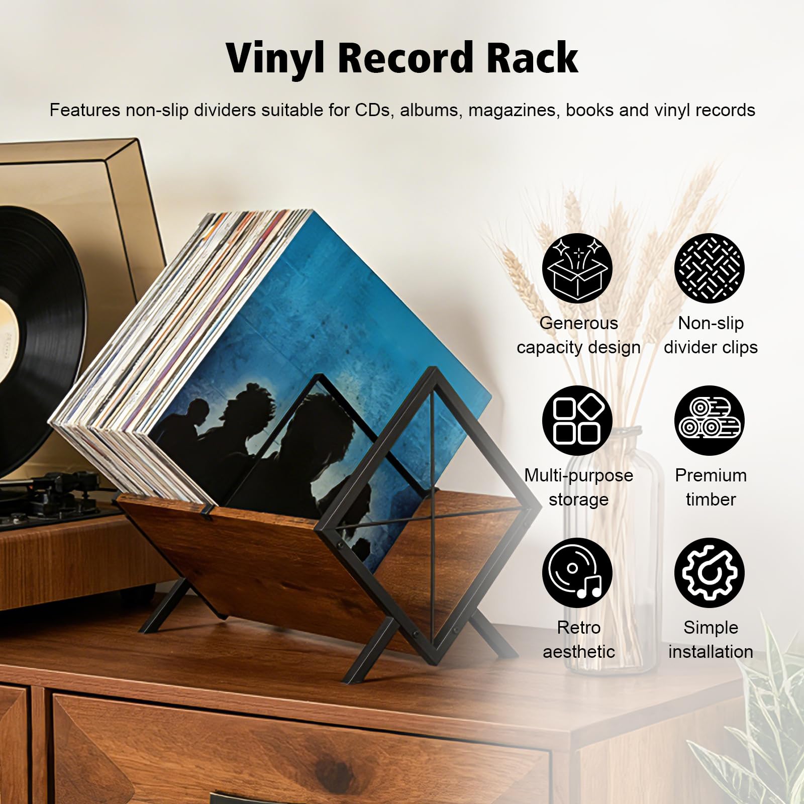 Porta Vinili per 80-100 Dischi,Supporto Espositore per Dischi in Vinile | Mobile Porta CD e Riviste con Divisori Antiscivolo,Design Retrò Industriale per Soggiorno e Ufficio