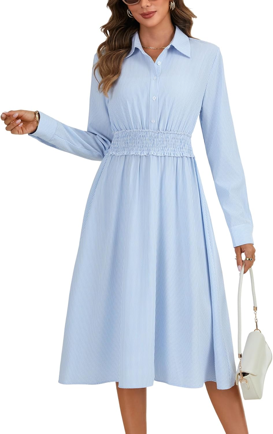 Vrtige Women's Stripe Button Down Corset Collar V Neck A Line Long Sleeve Midi Shirt Dress - Image 2