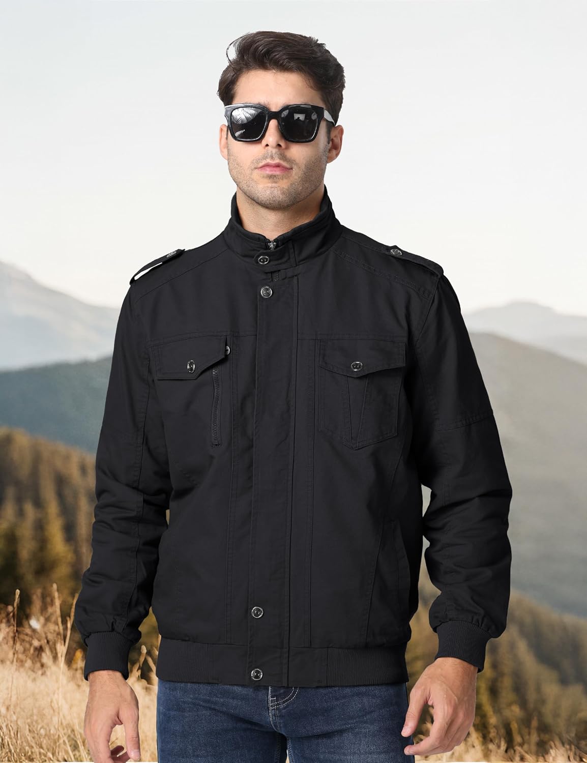 CRYSULLY Men's Cotton Military Jacket Lightweight Casual Windbreaker Stand Collar Bomber Jackets Coat with Multi Pockets - Image 3