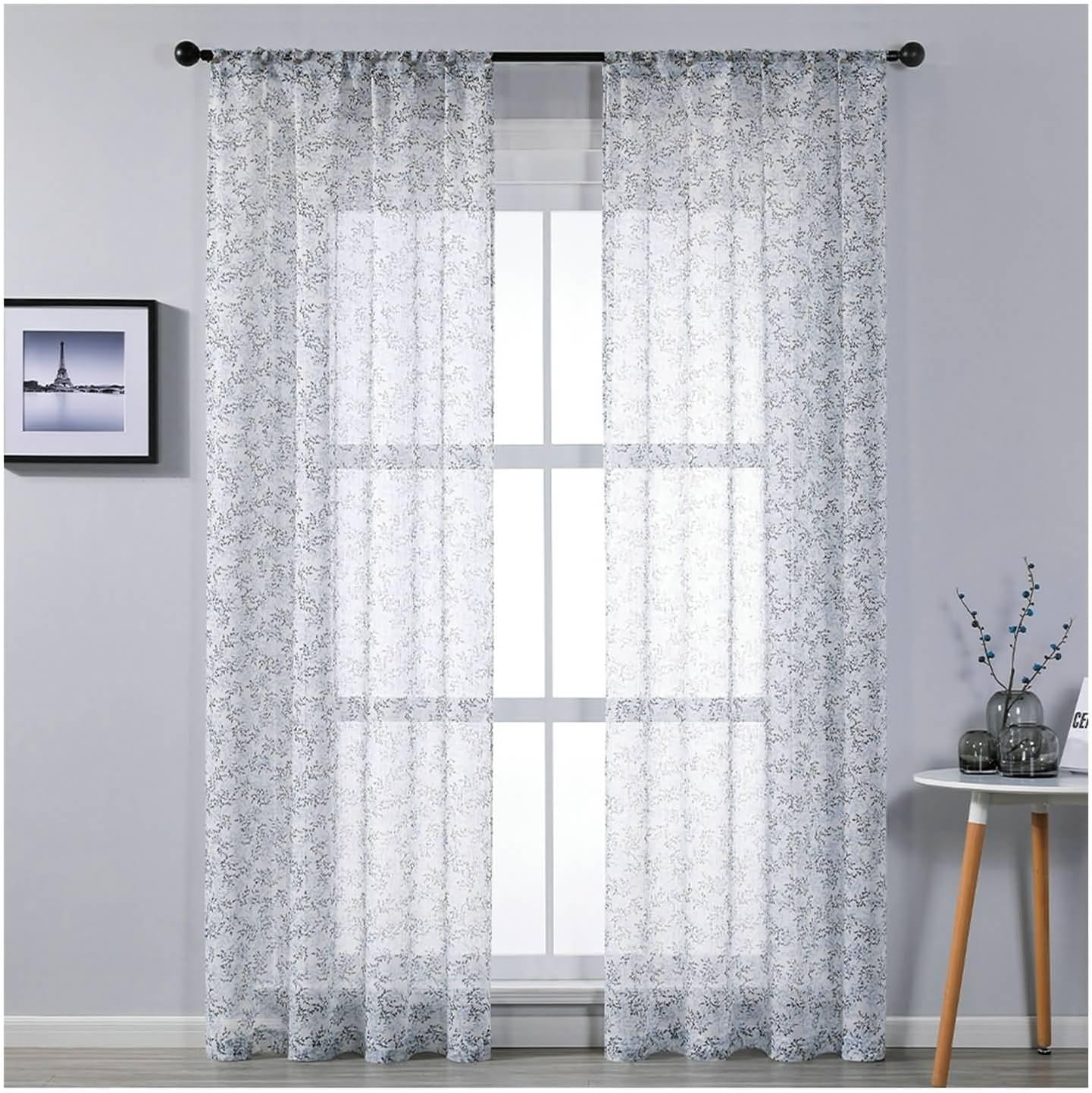 Curtains for Bedroom Sheer, Polyester Breathable Net Sheer Curtain with Floral Pattern, Blue, 54W x 72L inch