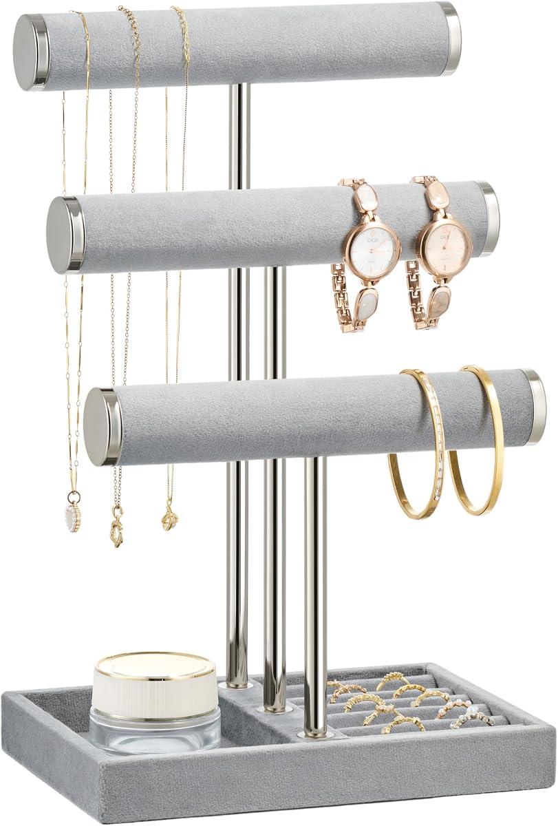 Jewelry Organizer Stand Display, 3 Tier Velvet Bracelet Holder, Grey | Jewelry Organizers and Storage | Jewelry Tree | Jewelry Towers for Necklaces, Bracelets, Earrings, Rings
