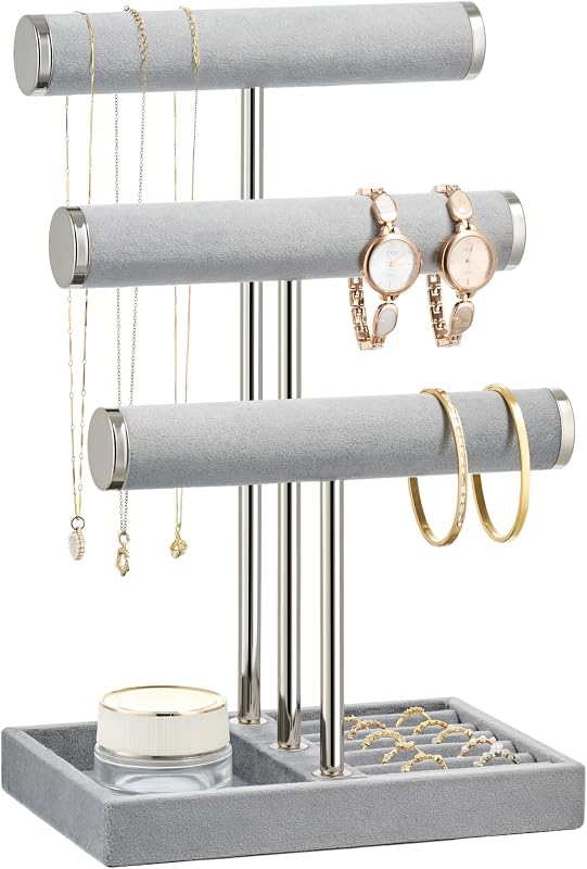 Jewelry Organizer Stand Display, 3 Tier Velvet Bracelet Holder, Grey | Jewelry Organizers and Storage | Jewelry Tree | Jewelry Towers for Necklaces, Bracelets, Earrings, Rings