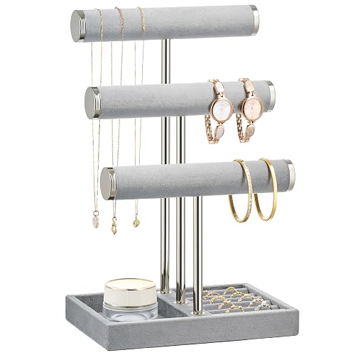 Jewelry Organizer Stand Display, 3 Tier Velvet Bracelet Holder, Grey | Jewelry Organizers and Storage | Jewelry Tree | Jewelry Towers for Necklaces, Bracelets, Earrings, Rings - Grey - Standard