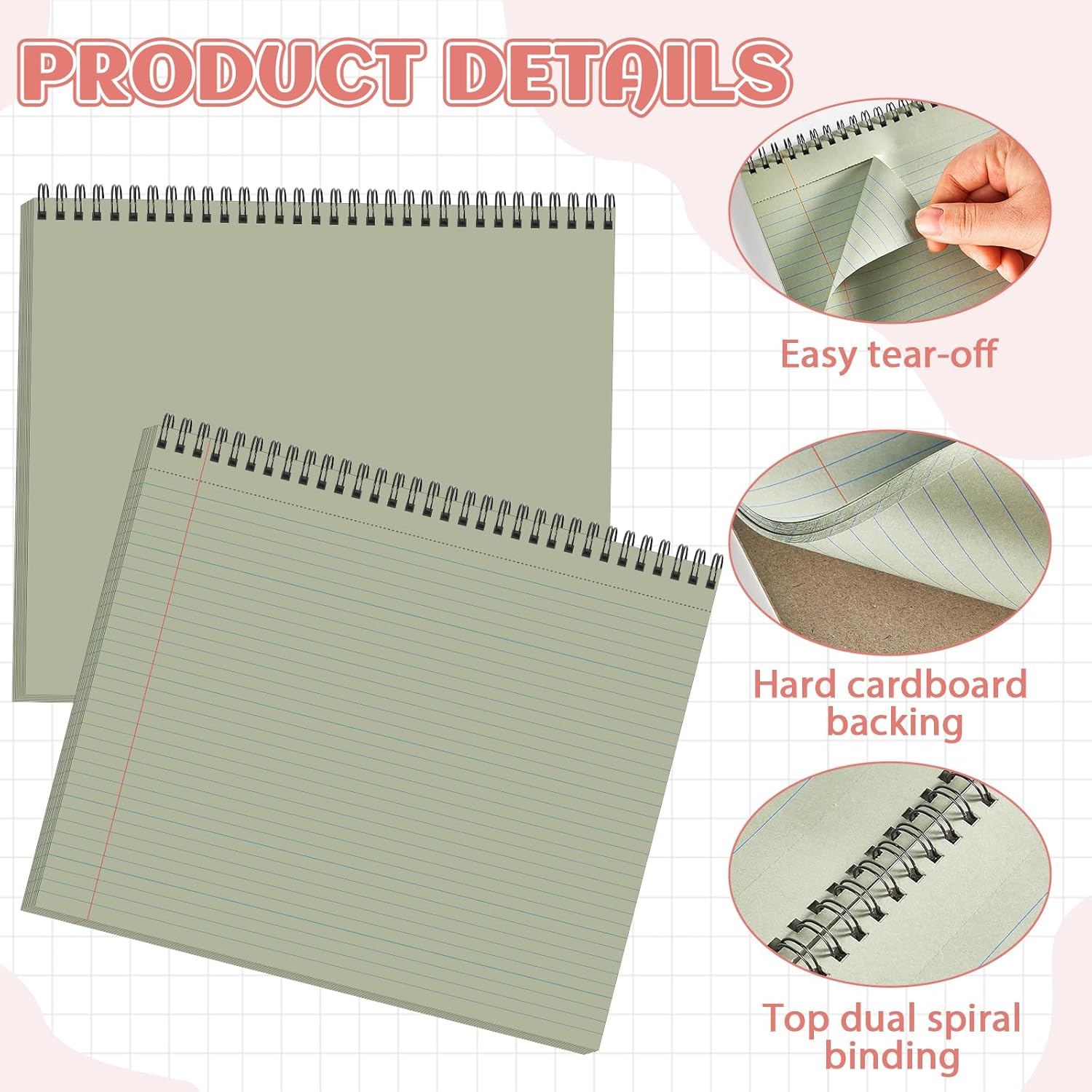 gisgfim 6 Packs 9.5" x 11" Landscape Note Pads College Ruled Notebooks Perforated Notepads 40 Sheets Punched Top Spiral Bound Notebooks 80GSM Lined Notepads for School,Office,Home (Vintage Color)