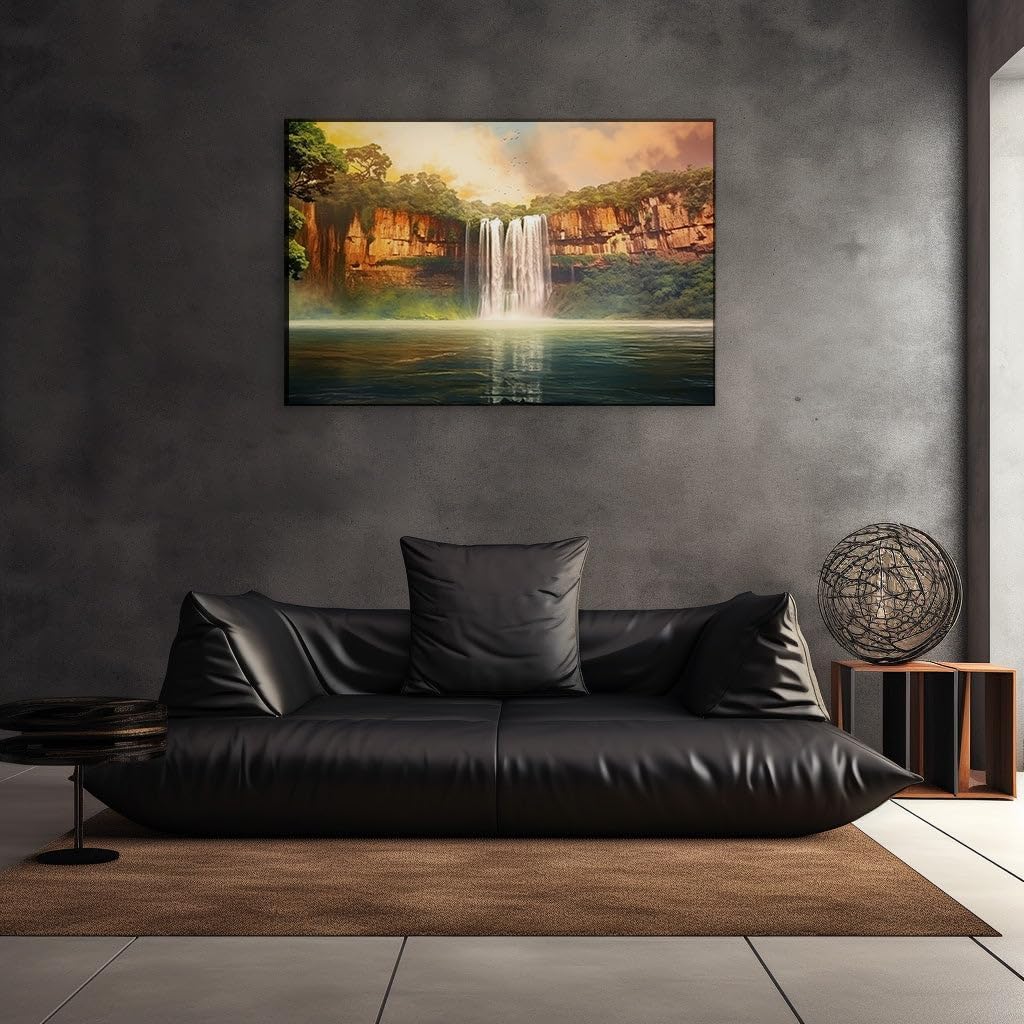 Canvas for Living room. Misty Cascades and Serene Reflections: Nature's Waterfall Masterpiece Unveiled, 27 x 18 inch Canvas Wall Art - Contemporary Masterpieces - Modern Home Decor
