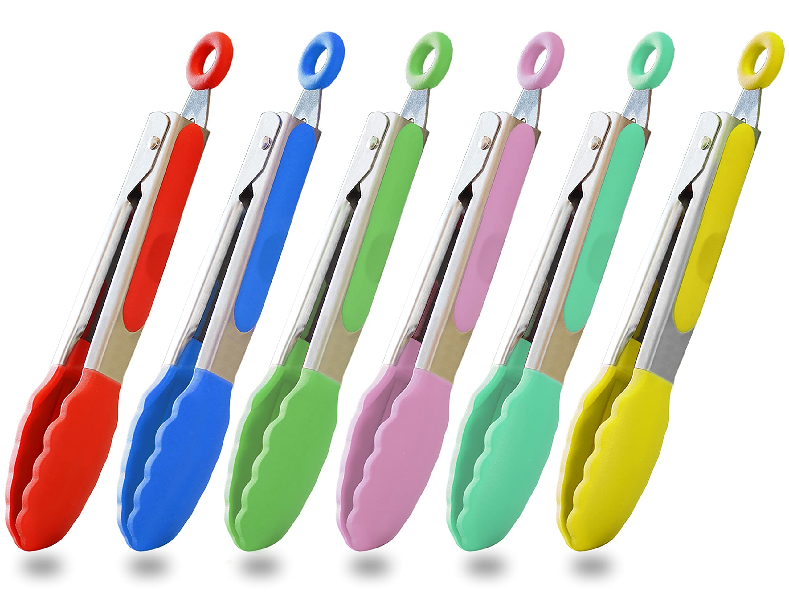 HINMAYSmall Tongs Set 7-Inch Mini Tongs with Silicone Tips, Set of 6 (Red Blue Green Pink Mint Yellow)