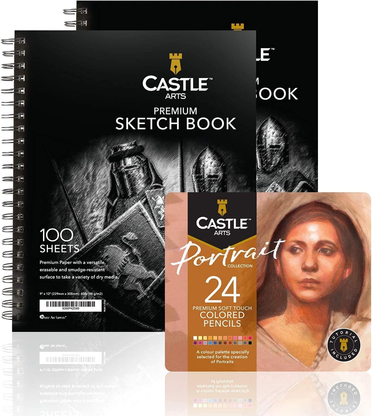 Castle Arts Portrait-Themed Coloring + Sketchbook Bundle | Perfect to Create Colored Pencil Portraits | 24 Premium Colored Pencils, Specially Selected for Portrait Artists + 2 Sketch Pads
