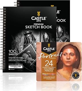 Castle Arts Portrait-Themed Coloring + Sketchbook Bundle | Perfect to Create Colored Pencil Portraits | 24 Premium Colored Pencils, Specially Selected for Portrait Artists + 2 Sketch Pads