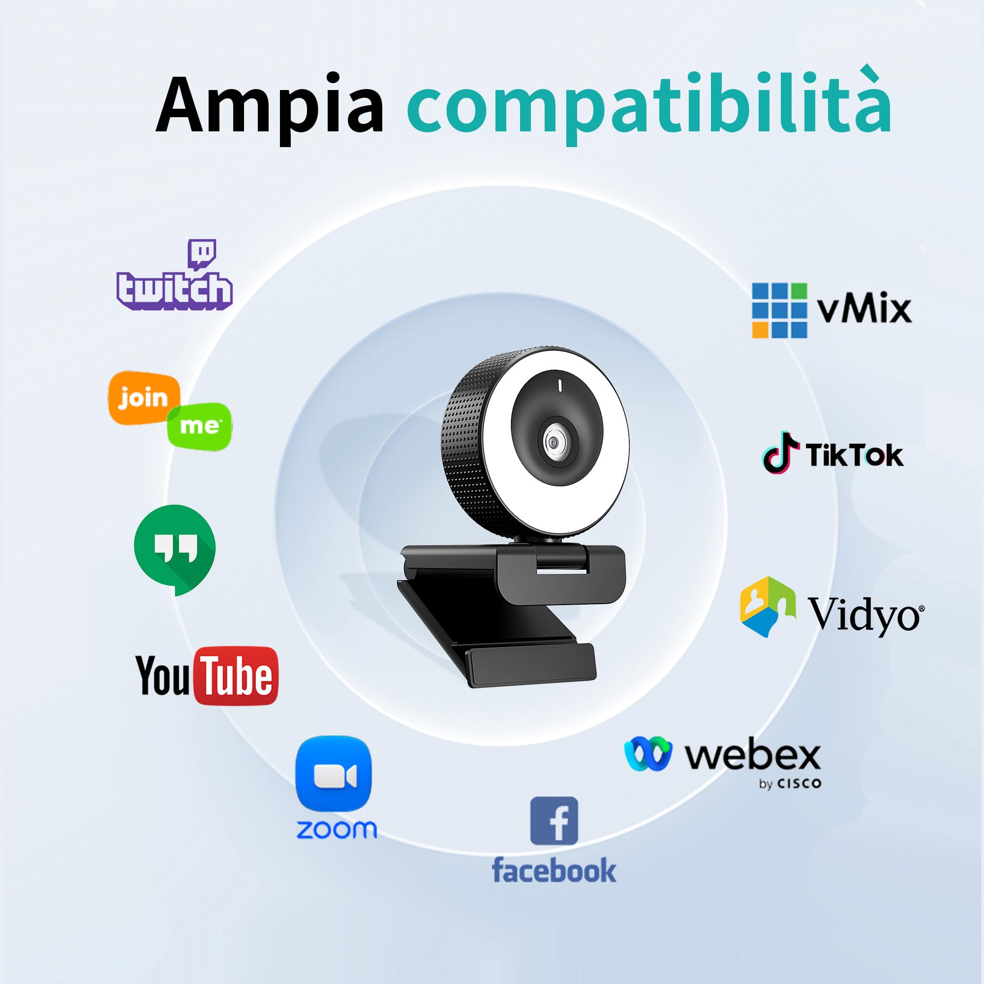 Webcam 1080P 60FPS con Microfono, Ring Light, Autofocus, 3 Modalità di illuminazione con Dimmerazione Continua per Videoconferenze su PC, Mac, Laptop e Tablet