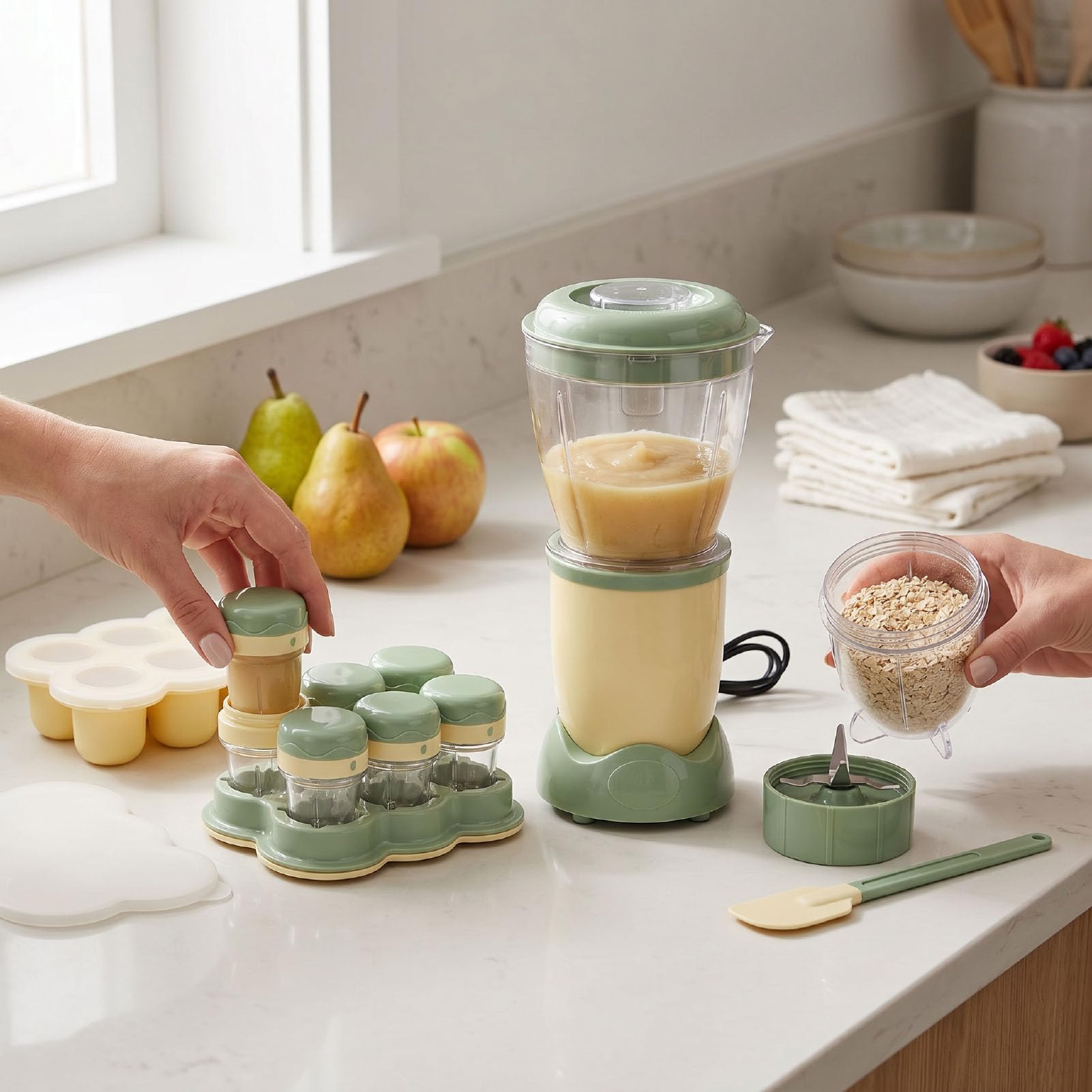 Ensemble de Préparation de Nourriture pour bébé, Mélangeur de Purée Multifonctionnel 10000 Tr/min, Robot Culinaire avec Récipients pour Fruits, Légumes et Viandes (Prise UE 220V)