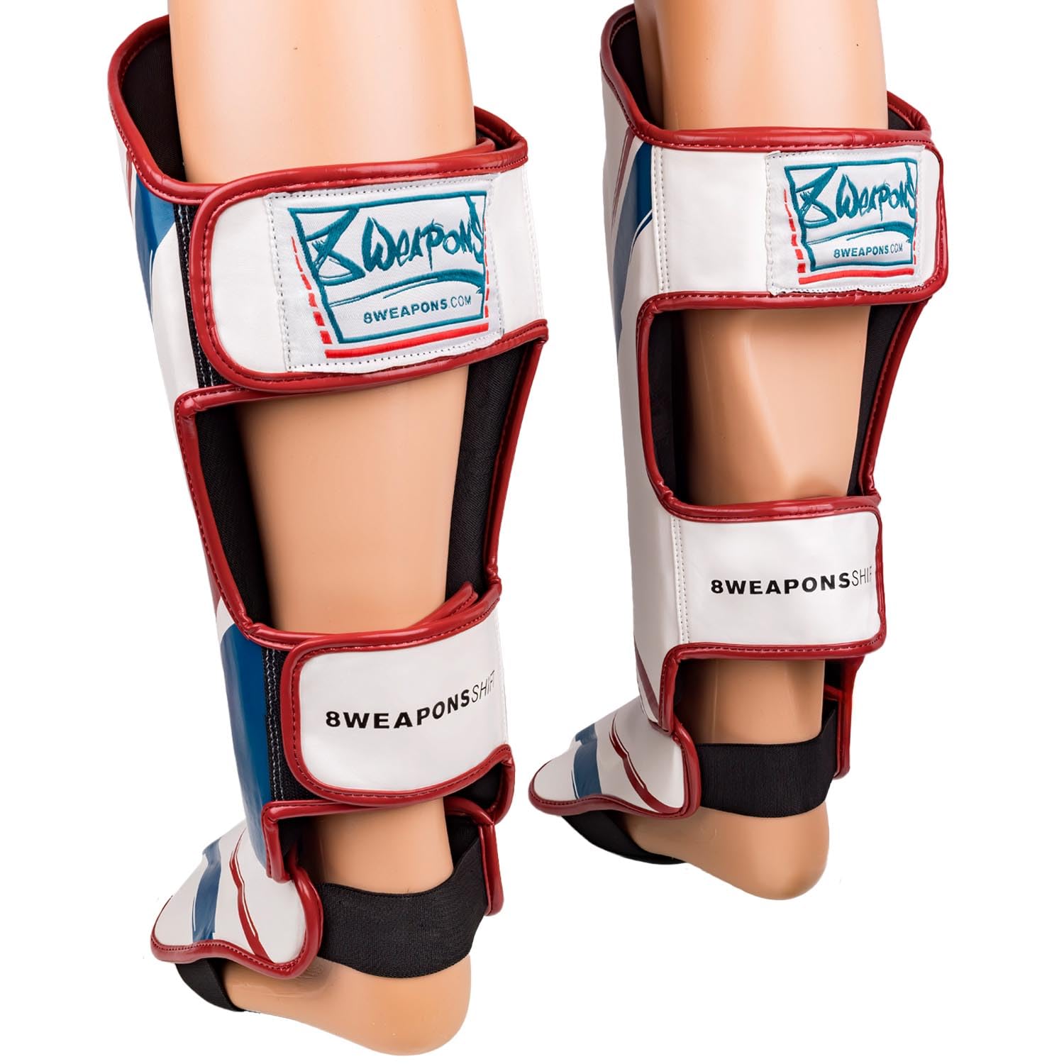 8 WEAPONS Espinilleras Shift, blanco y rojo marino, entrenamiento y competición, piel sintética de alta calidad y amortiguación perfecta, Muay Thai, K1, MMA, karate y kickboxing