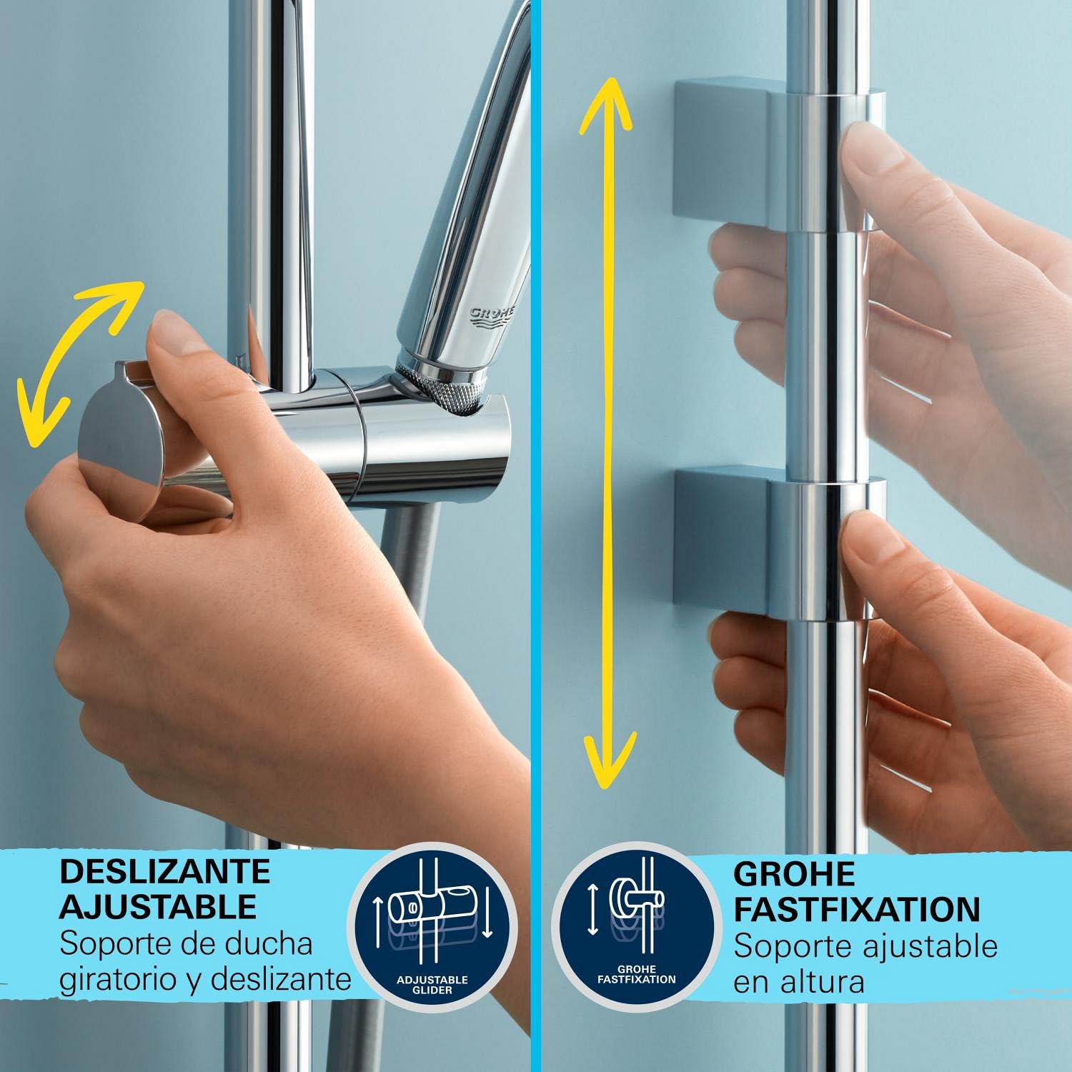 GROHE Vitalio 110 – Conjunto de ducha 14l/min (Barra 90cm, Teleducha 2 chorros, Flexo 1,75m, montaje para pegar o taladrar, sin pegamento), Cuadrado, Cromo, 26931001