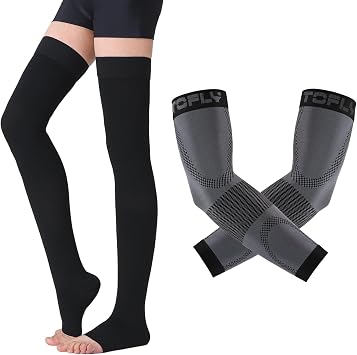 TOFLY 20-30mmHg Thigh High Compression Stocking Toeless Compression Socks for women & men + Compression Arm Sleeves Elbow Braces for Men & Women