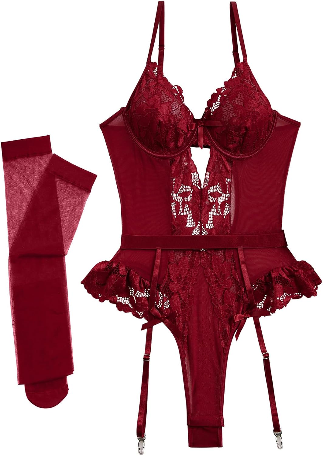 Lilosy Sexy Stocking Lace Mesh Bodysuit Top Underwire Garter Lingerie Set 3 Piece - Image 5