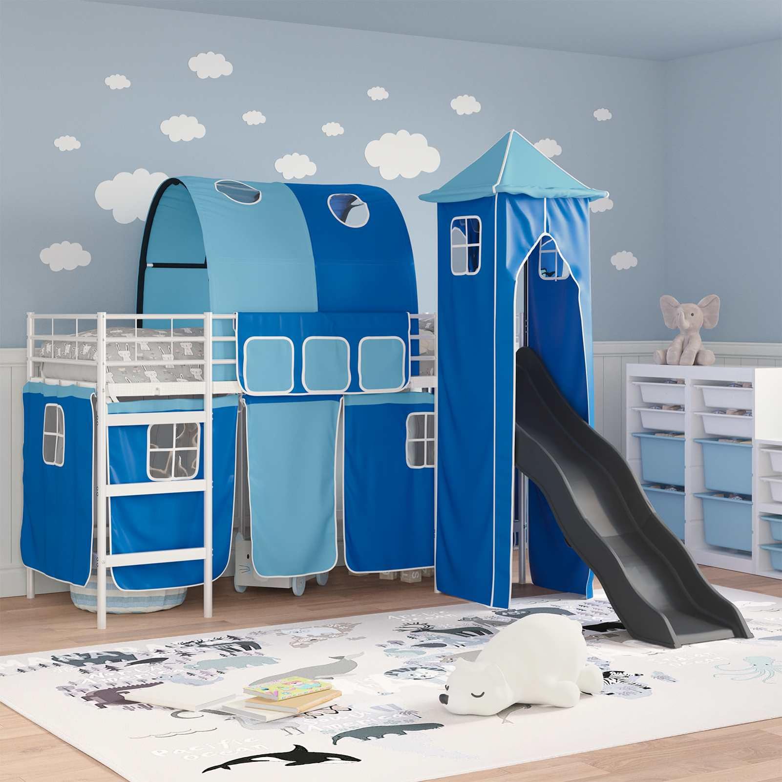 Homgoday Hochbett mit Rutsche und Vorhang, Metallrahmen, blau-schwarz, für Kinderzimmer - Hochbett Turm Hochbett Model42020899
