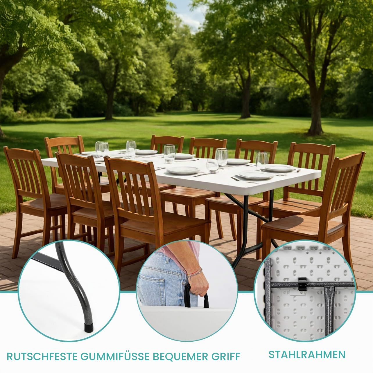 Brigros - Klapptisch für den Garten, perfekt als Campingtisch, Buffettisch, Küchentisch | Klapptische mit Koffer und platzsparendem Griff (180x70x74)