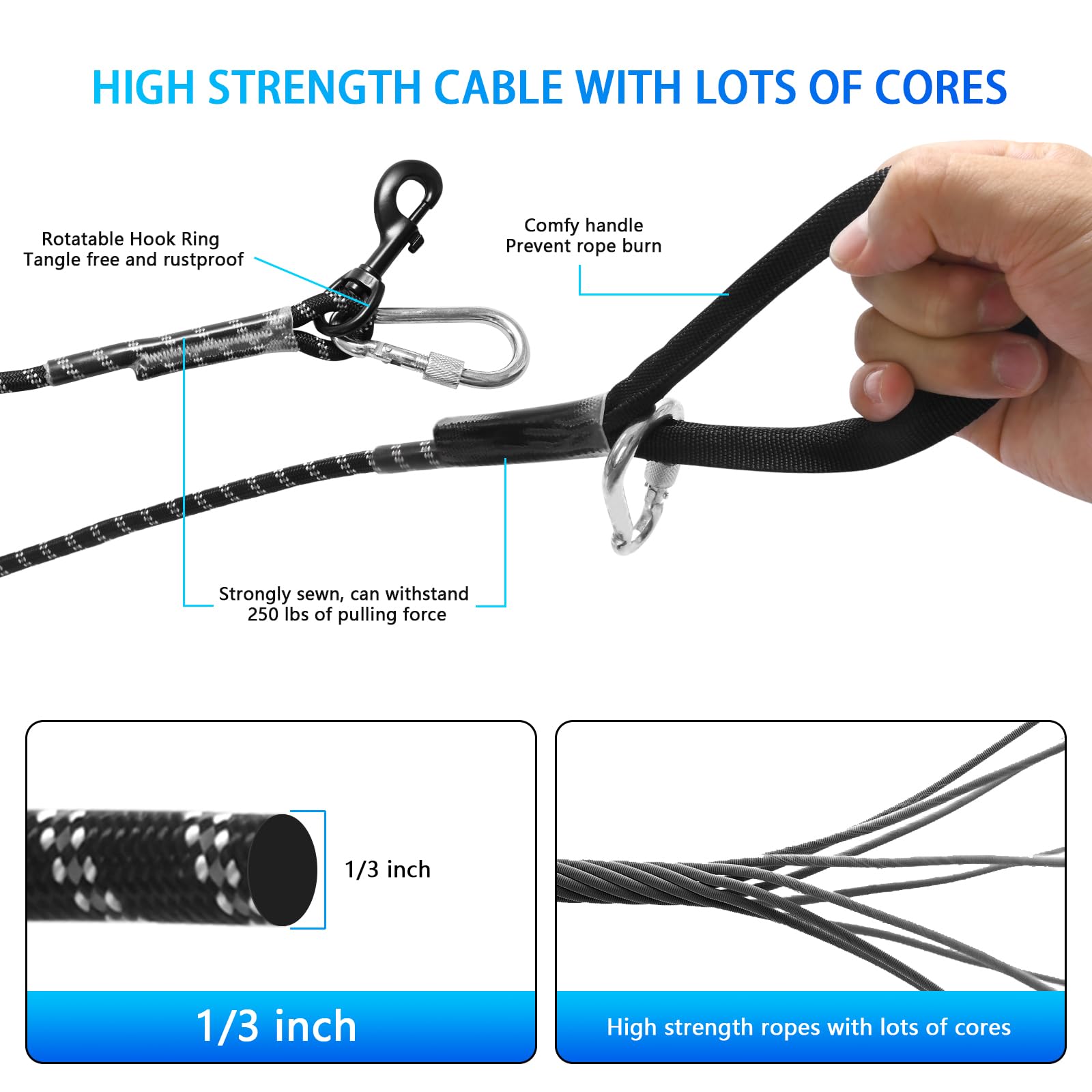 3 in 1 Hund Tie Out Kabel, 15m 30m Portable Overhead Trolley System, reflektierende Hundeleine für Hof Camping Parks Training Laufen Wandern Outdoor, mit großer Kapazität Schultertasche