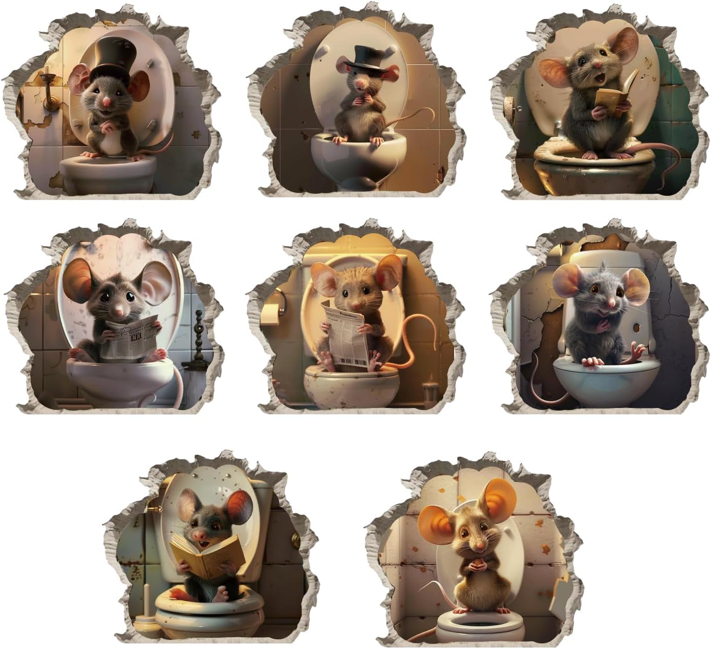PLIGREAT 8 Pcs 3D Mouse Sitting on Toilet Wall Decal, Cute