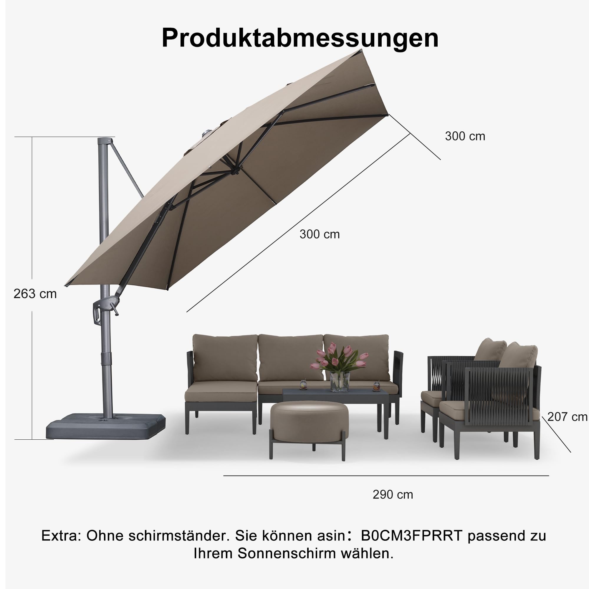 PURPLE LEAF Ampelschirm 300 × 300 cm Alu Acrylimitat UV 50+, Asch Mokka | 360° Drehbar, 6-Fach Neigbar Rundum Schatten, Verstärkter Mast, Leichtgängige Alu-Kurbel, Sonnenschirm Hohe Stabilität Robust