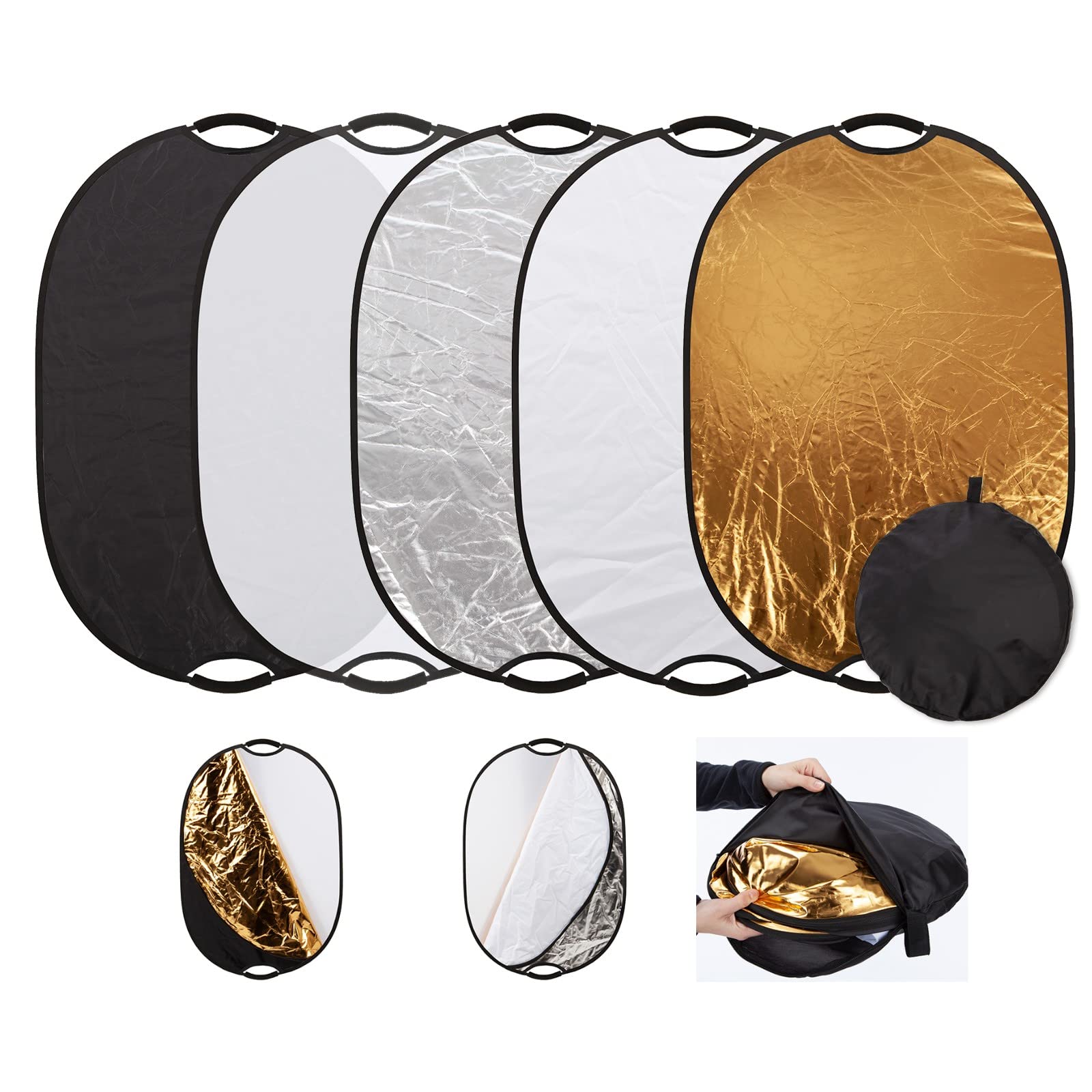 5 en 1 Reflector de Luz Oval 90x120cm Plegable Portátil con Asa Iluminación Estudio Fotográfico Fotografía al Aire Libre, Color Negro, Blanco, Oro, Plata, Translúcido