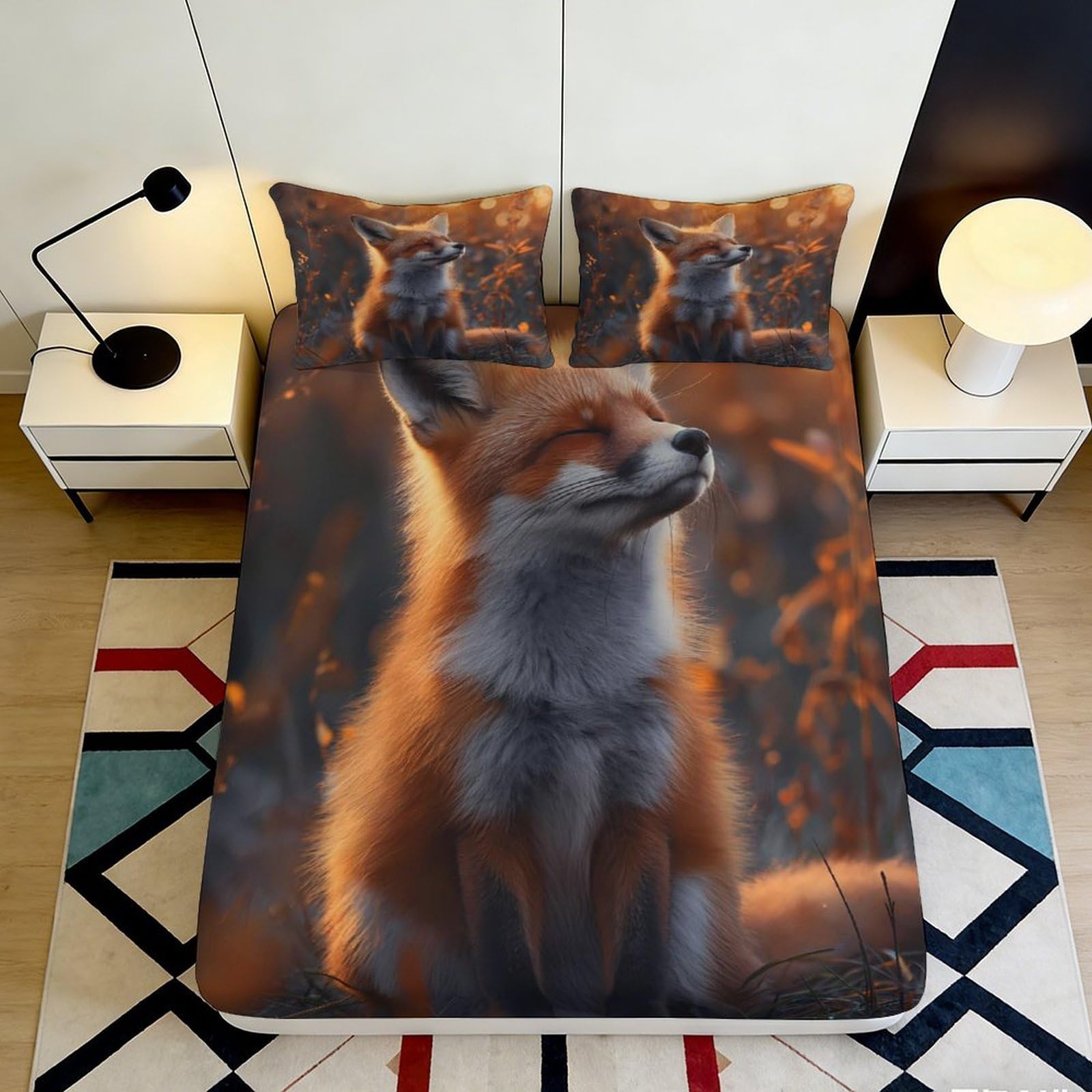 3D Printed Fox Autumn Forest Fitted Sheet Microfiber Soft Washable Bed Cover for Bedroom Dorm Mattress Decor 160x200x25cm