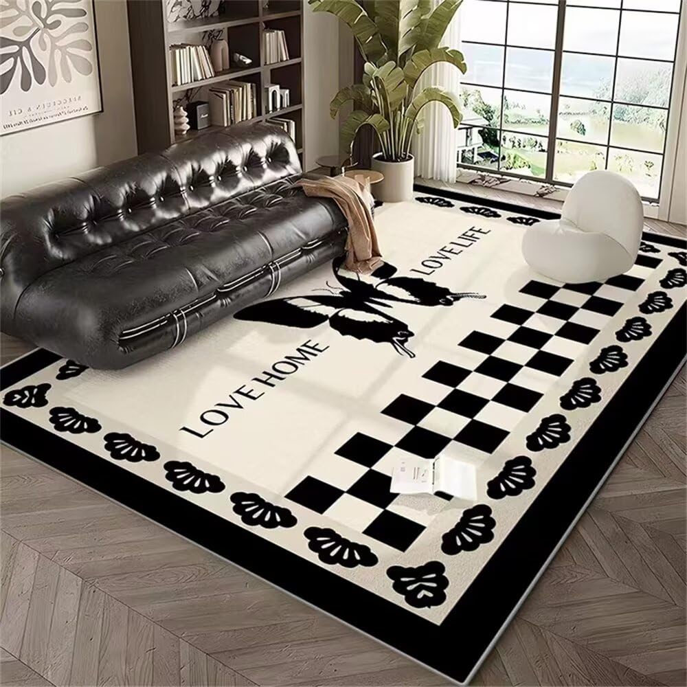 Tapis salon noir 60x90 lavable à motif papillon moderne