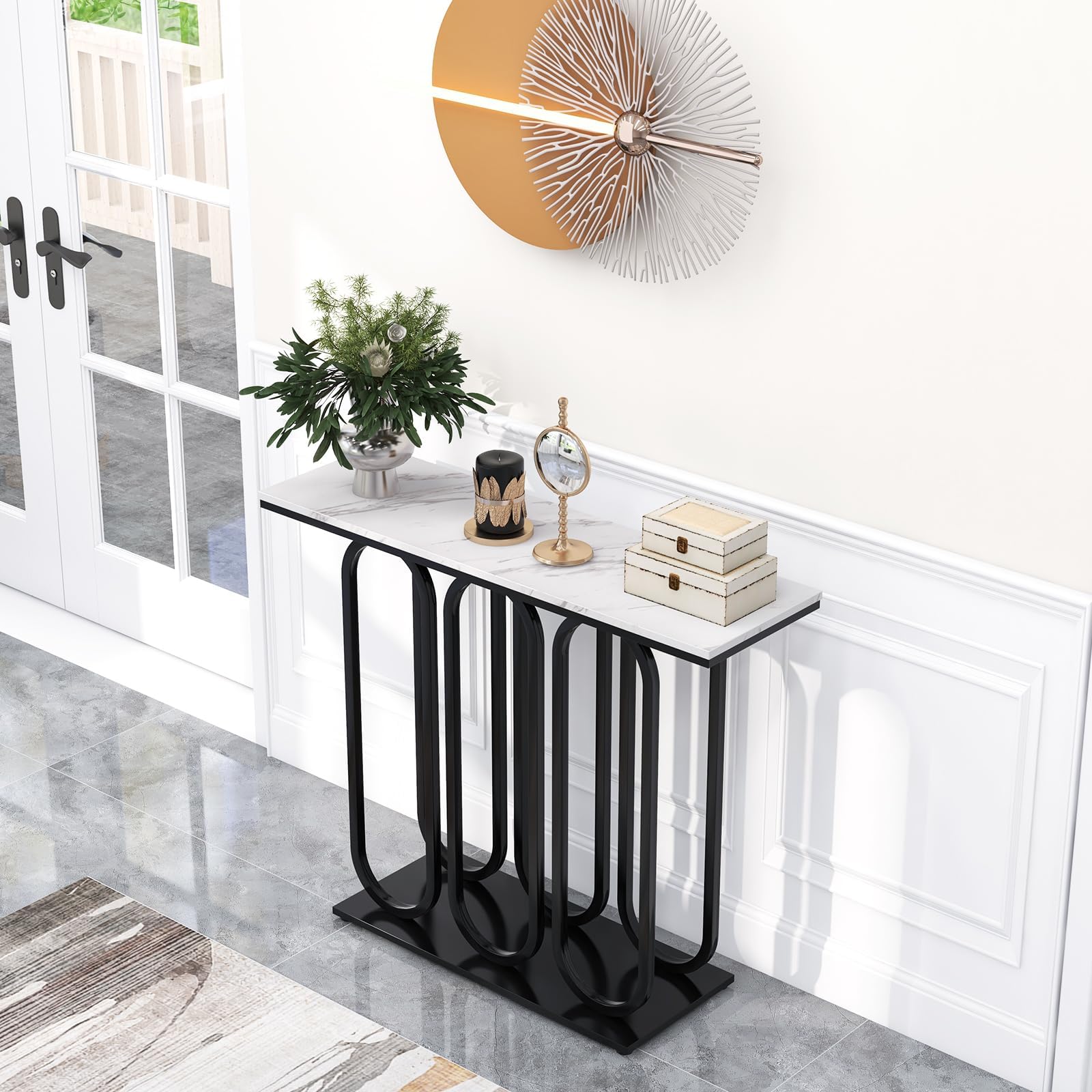 FANTASK Moderno tavolo consolle da ingresso con struttura in metallo, consolle sottile con effetto marmo, per soggiorno, corridoio, camera da letto, ingresso, 100 x 30 x 80 cm (bianco e nero)