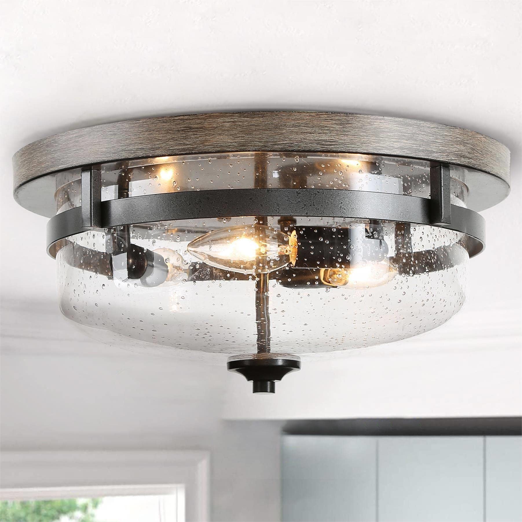Farmhouse Flush Mount Ceiling Light Fixture with Seeded Glass Shade & Faux Wood Finish for Bedroom, Hallway, Kitchen, Dining & Living Room, Foyer and Bathroom