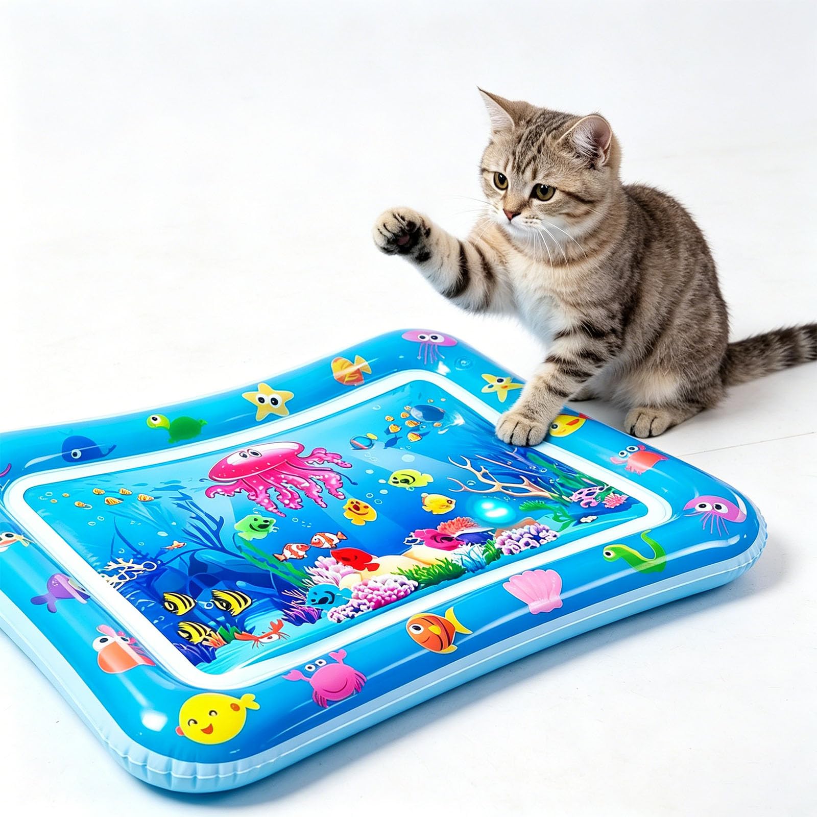Kühlmatte Katze Wassermatte, Katzenspielzeug Wassermatte Sensorische Katze, 60x40CM Katzen Kühlmatte Katzenpool mit Fischen Spielzeug Licht, Interaktives Katzenspielzeug Selbstbeschäftigung Wasserbett