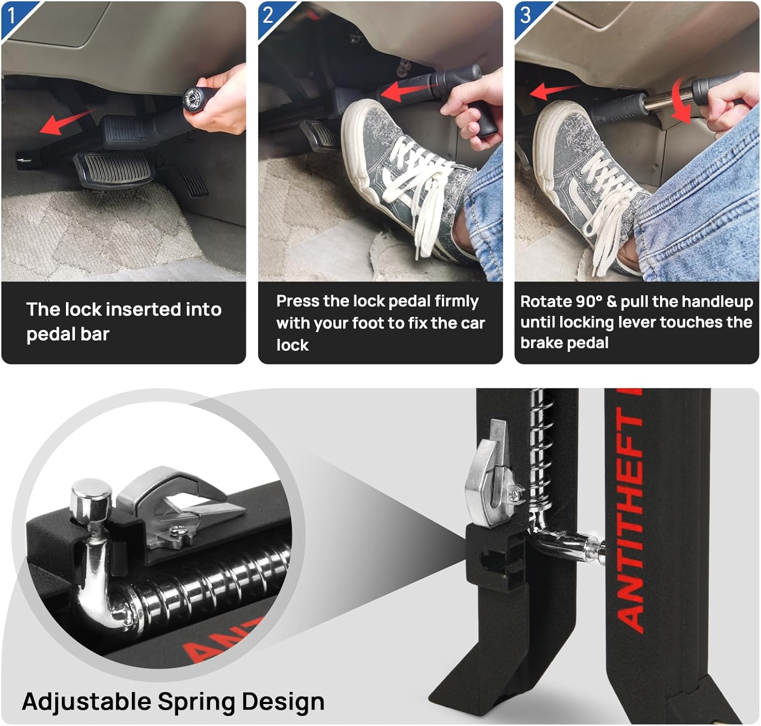 Brake Pedal Lock Anti Theft Car Device, Multi Functional Heavy Duty Car Lock, Retractable Vehicle Security for Cars, SUV's, Van (16-35mm)