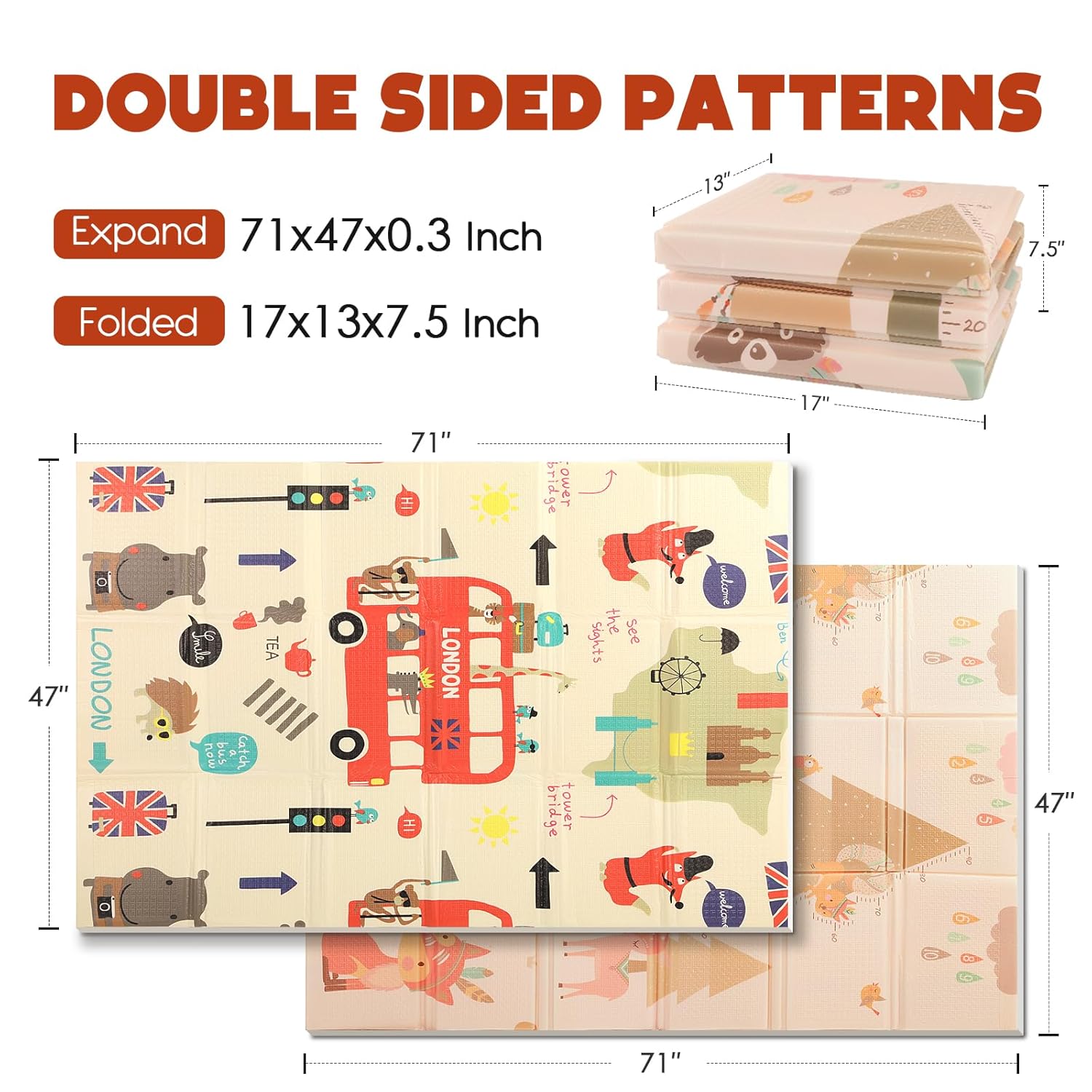Mergren Baby Play Mat, Large(71"×47") XPE Waterproof Foam Foldable Baby Crawling Mat with Reversible Animal Friends Double-Sided Patterns, Anti-Slip Floor Playing Mats