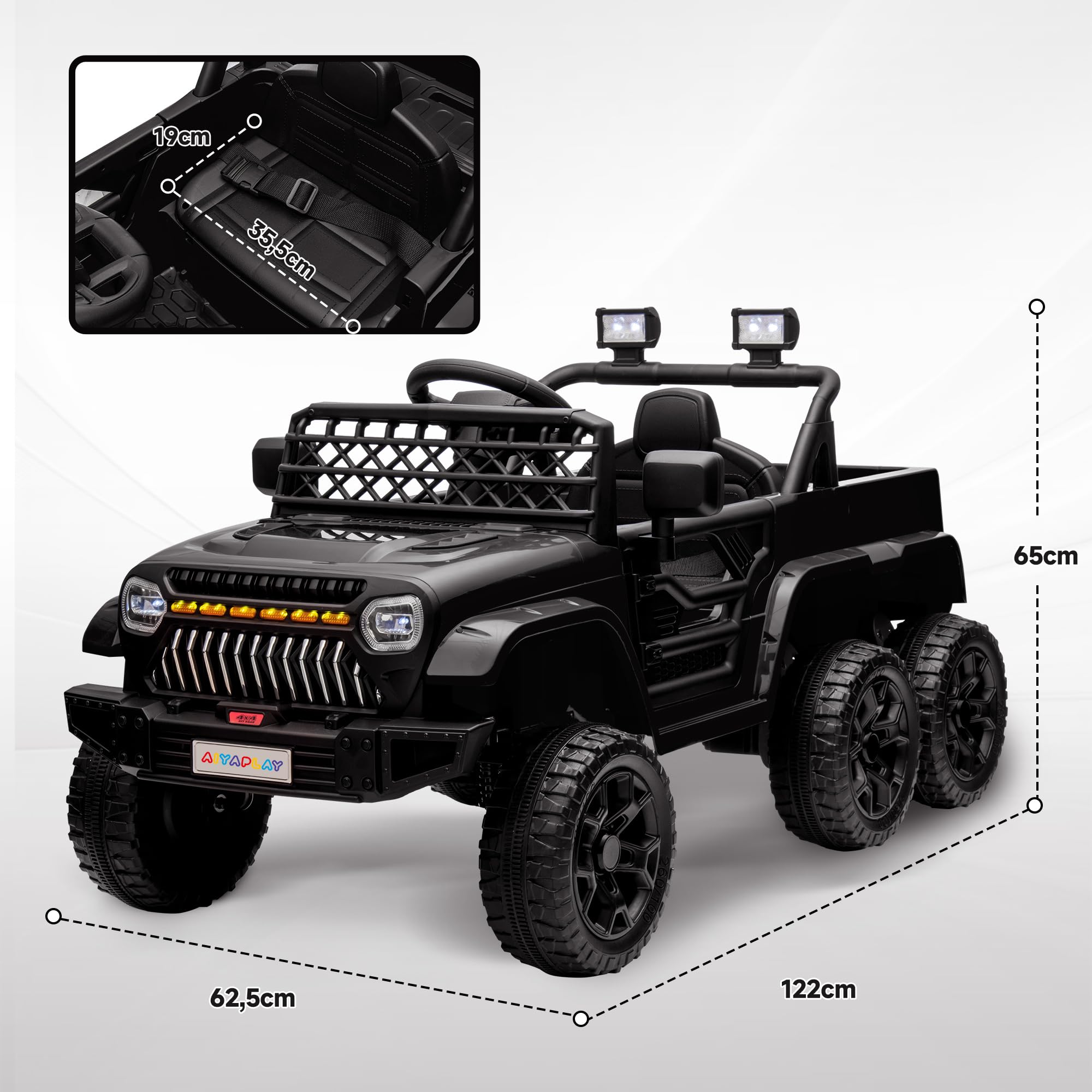 AIYAPLAY Kinder Elektroauto, 12 V Geländewagen mit 2,4G Fernbedienung， Anhänger, 4x4-Antrieb/2x2-Antrieb Kinderfahrzeug mit LED-Lichte, Sanft-Start, Musik, Hupe, 2,5-4 km/h, 3-8 Jahre, Schwarz