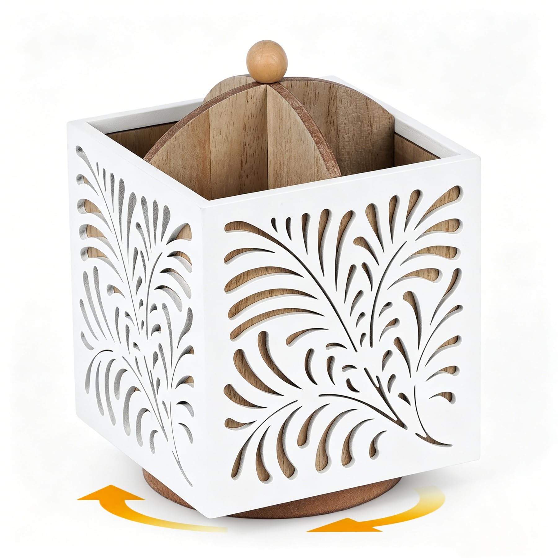 JAZUIHA 360° Drehbar Besteckhalter Tisch, Utensilienhalter 4 Fächer, Weiß | Utensilienbehälter für Buffet, Picknick, Vintage-Stil mit dekorativem Blattmuster, Organizer Box für Küche, Bad, Büro